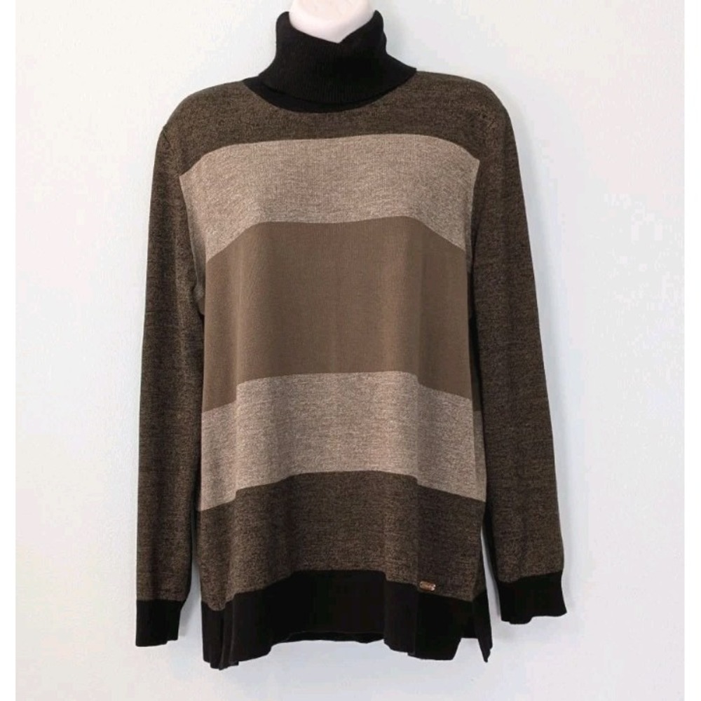 Calvin Klein Sweater Medium Turtle Neck Fine Gauge Knit Color Block Earthtones